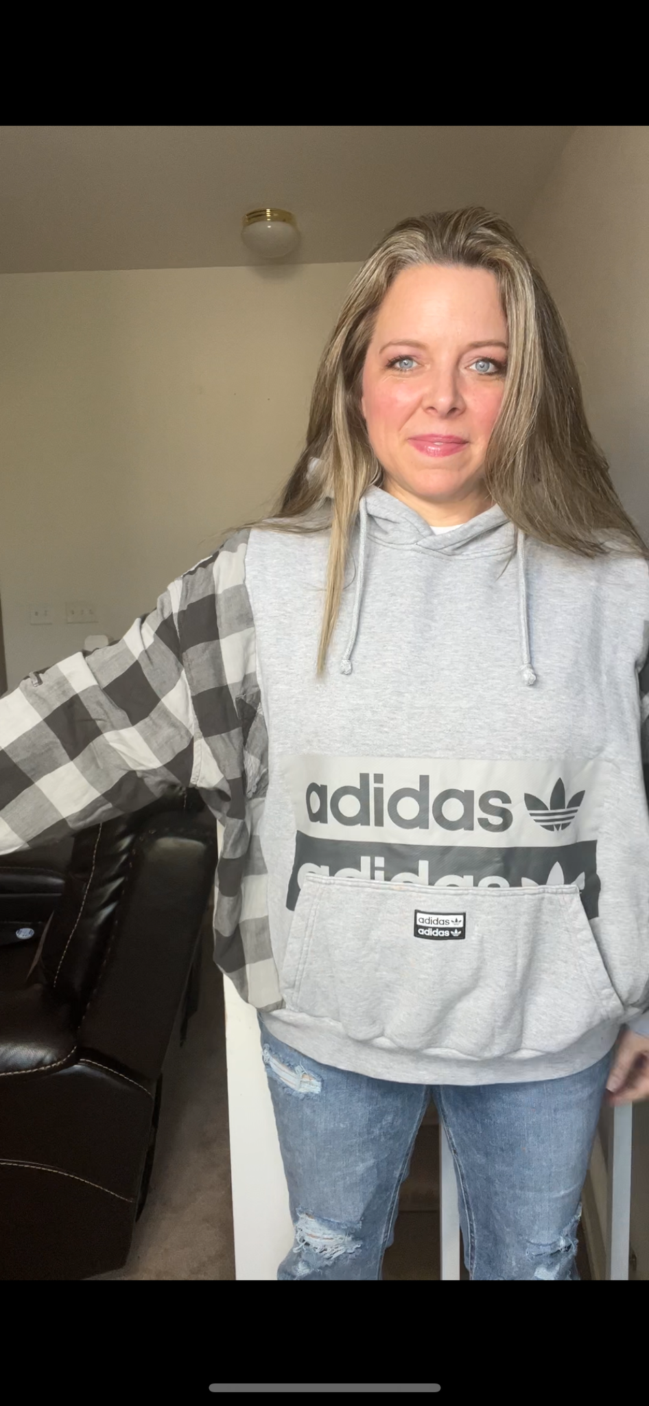 Upcycled Adidas – woman’s M/L – French Terry sweatshirt with flannel sleeves – wide but shorter ￼