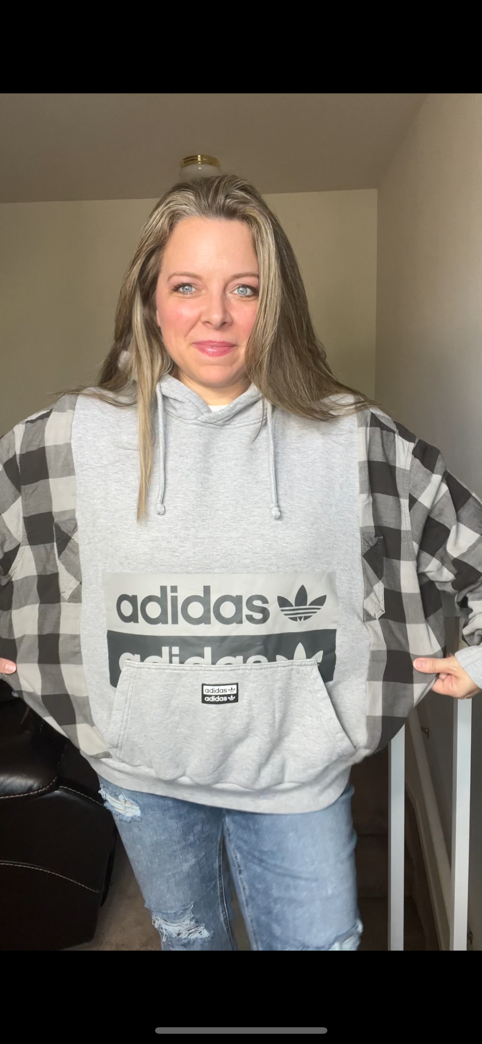 Upcycled Adidas – woman’s M/L – French Terry sweatshirt with flannel sleeves – wide but shorter ￼