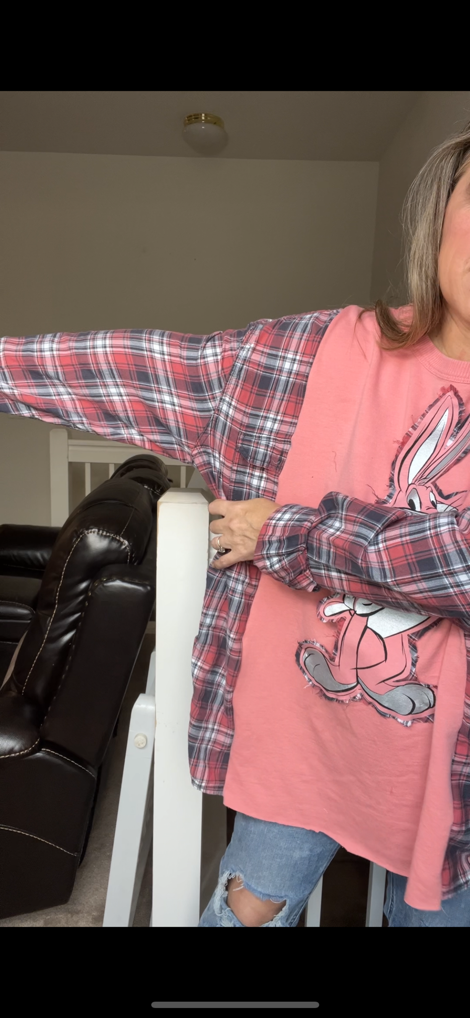 Upcycled Bugs Bunny - woman's 3X midweight sweatshirt with flannel sleeves