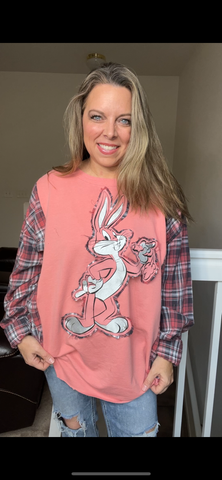 Upcycled Bugs Bunny - woman's 3X midweight sweatshirt with flannel sleeves