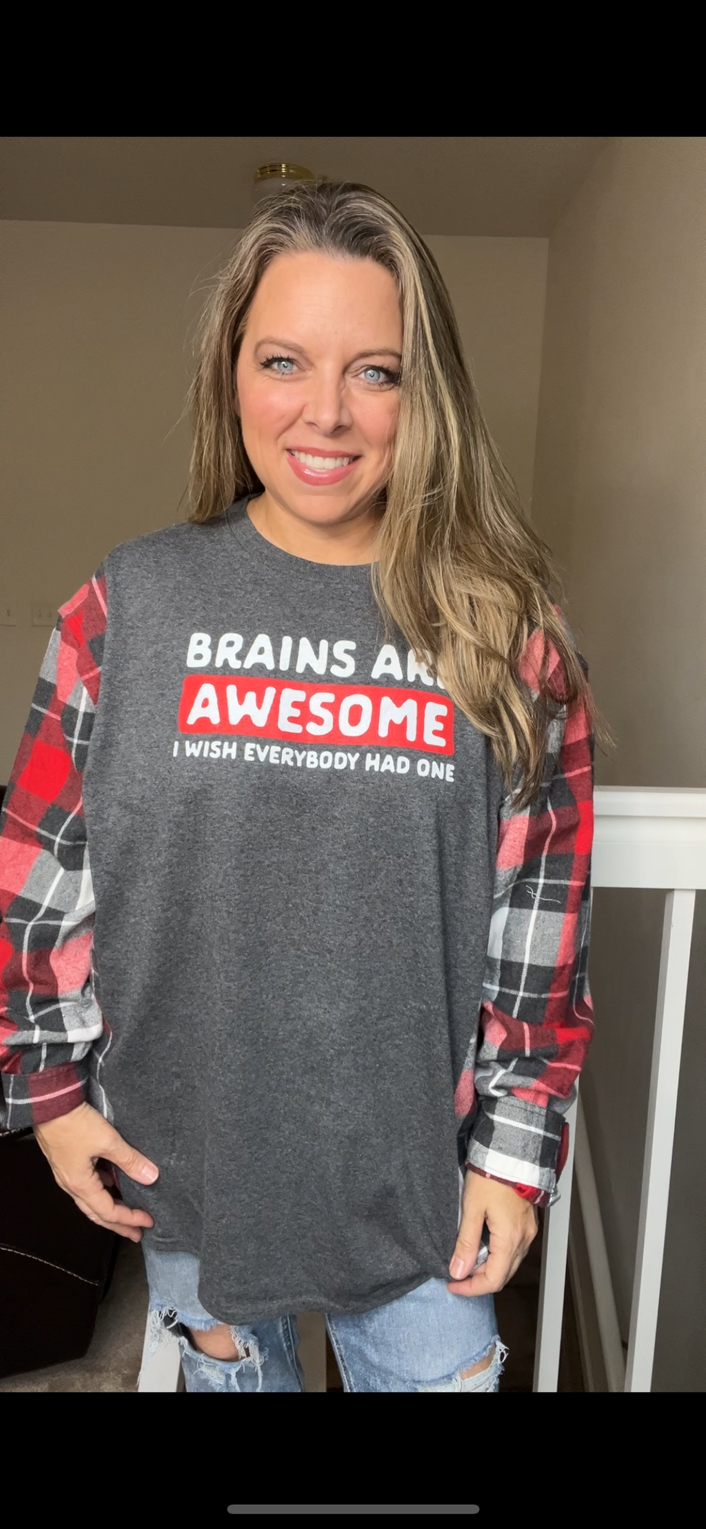 Upcycled Brains - womand 2X Tshirt with flannel sleeves
