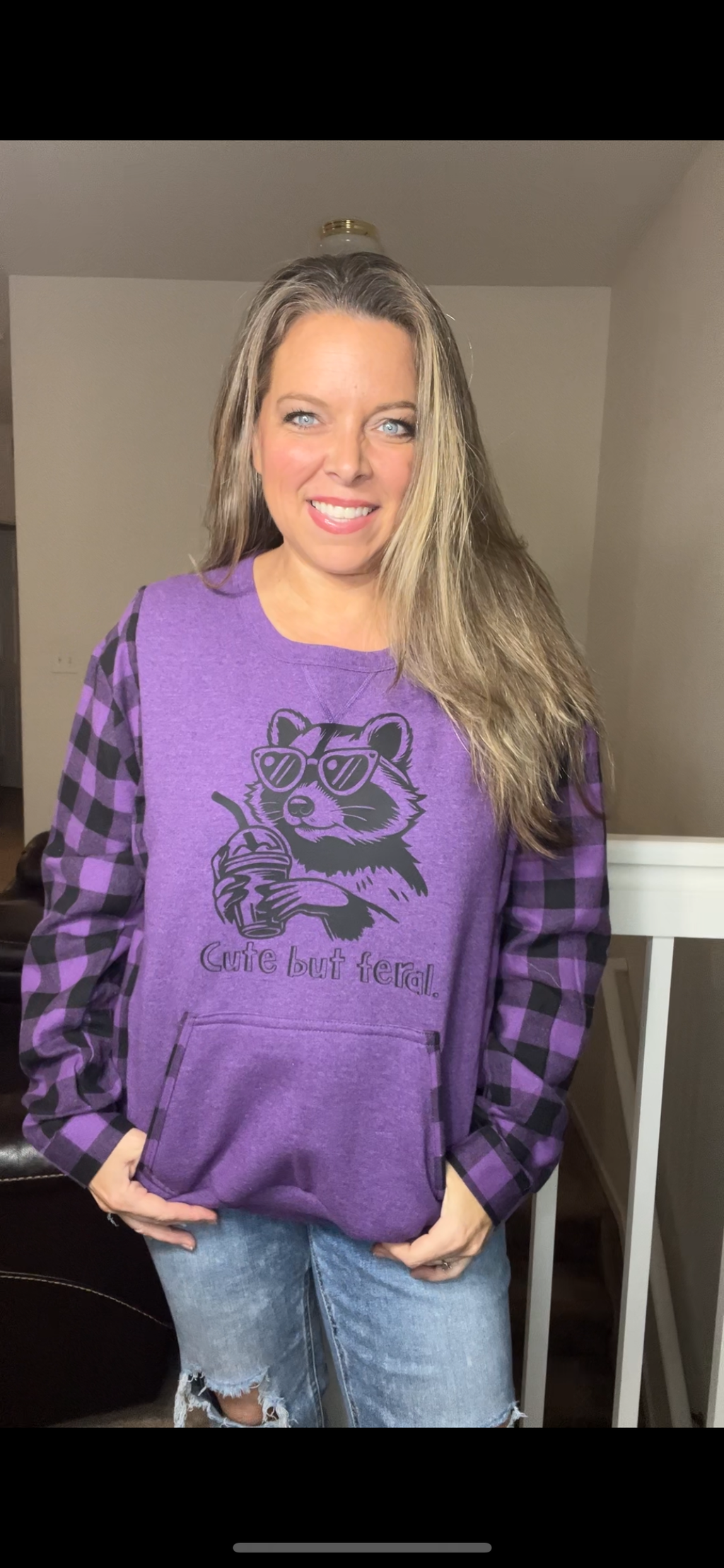 Upcycled Feral – women’s medium midweight sweatshirt with flannel sleeves – sleeves more fitted