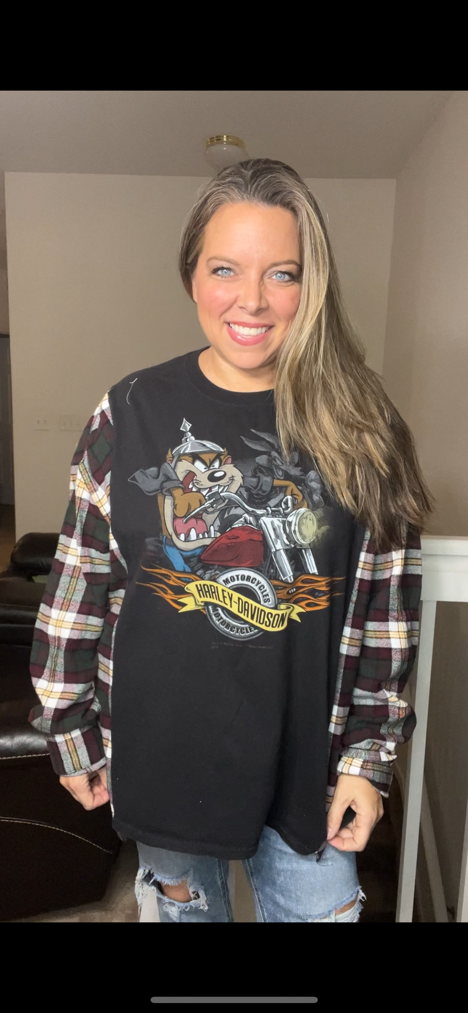 Upcycled Taz - Women’s 2X/3X T-shirt with flannel sleeves
