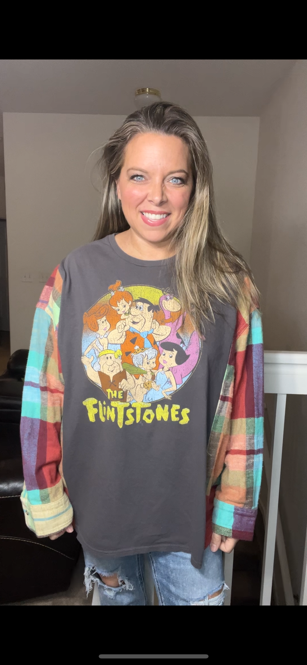 Upcycled Flintstones – women’s 2X T-shirt with flannel sleeves