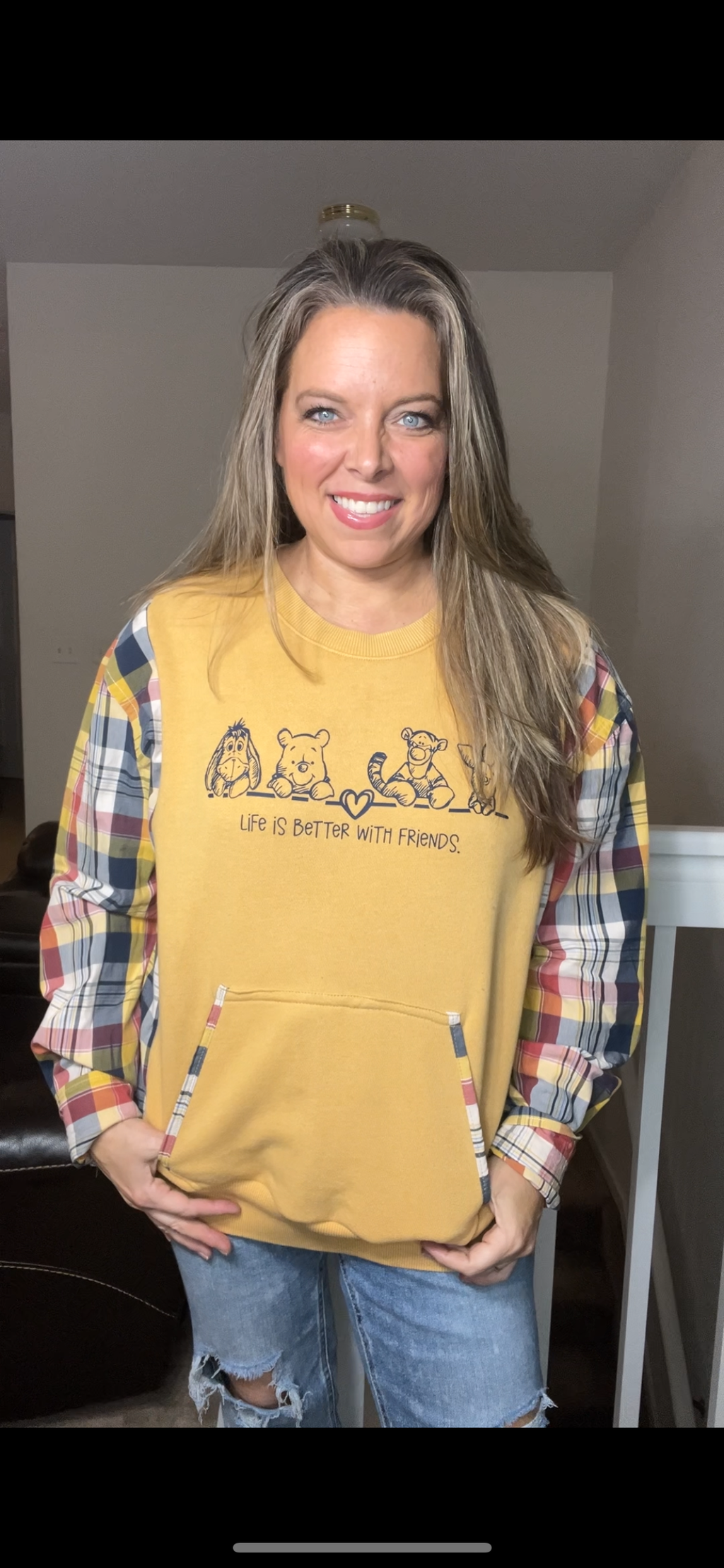 Upcycled Pooh – women’s medium French terry sweatshirt with cotton sleeves