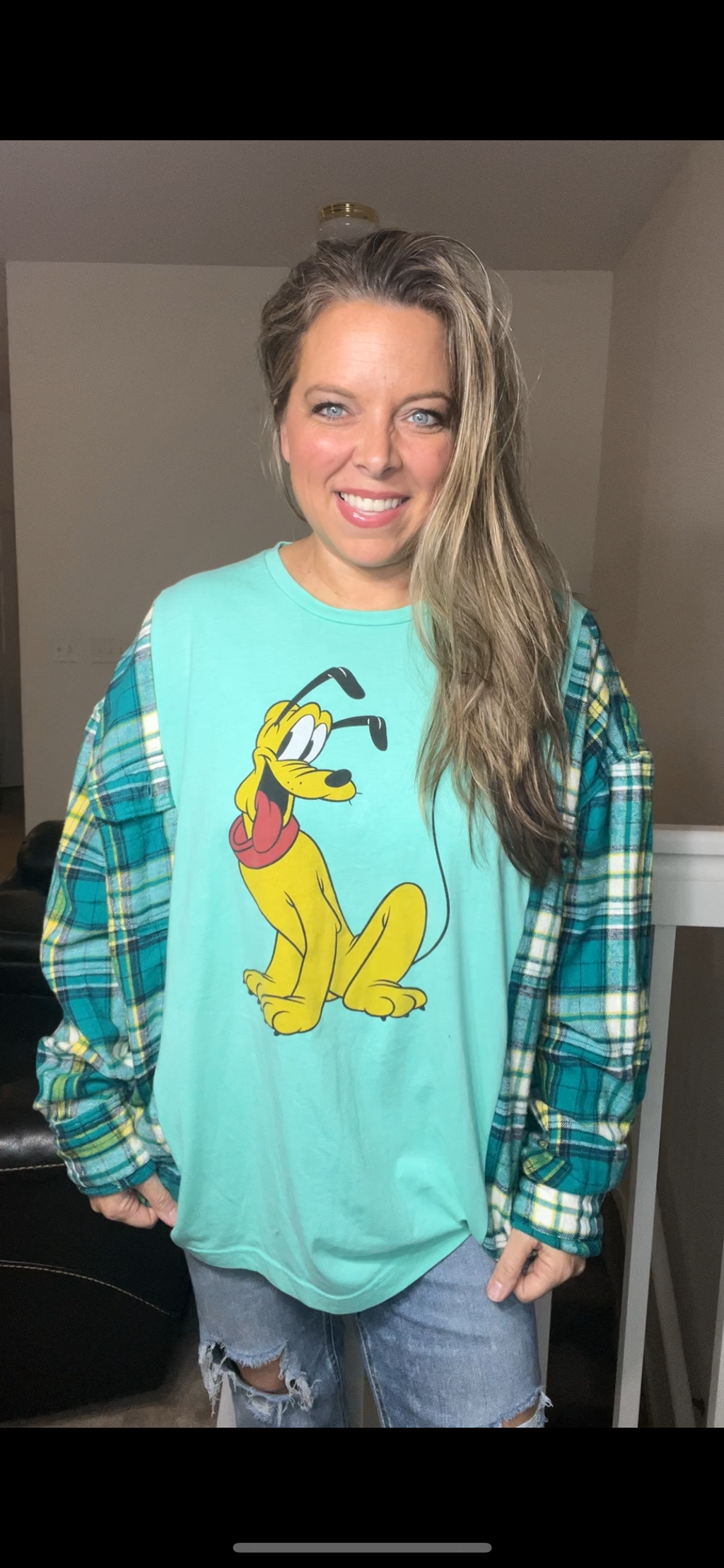 Upcycled Pluto - Women’s 2X/3X T-shirt with flannel sleeves