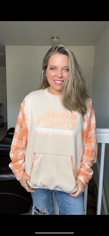 Upcycled Peachy – women’s 2X midweight sweatshirt with flannel sleeves