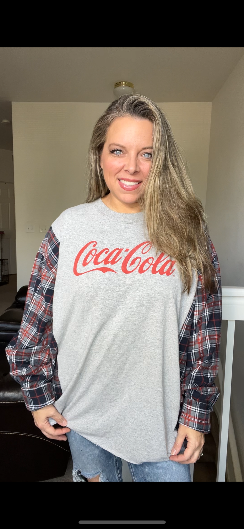 Upcycled Coca-Cola – women’s 3X T-shirt with flannel sleeves