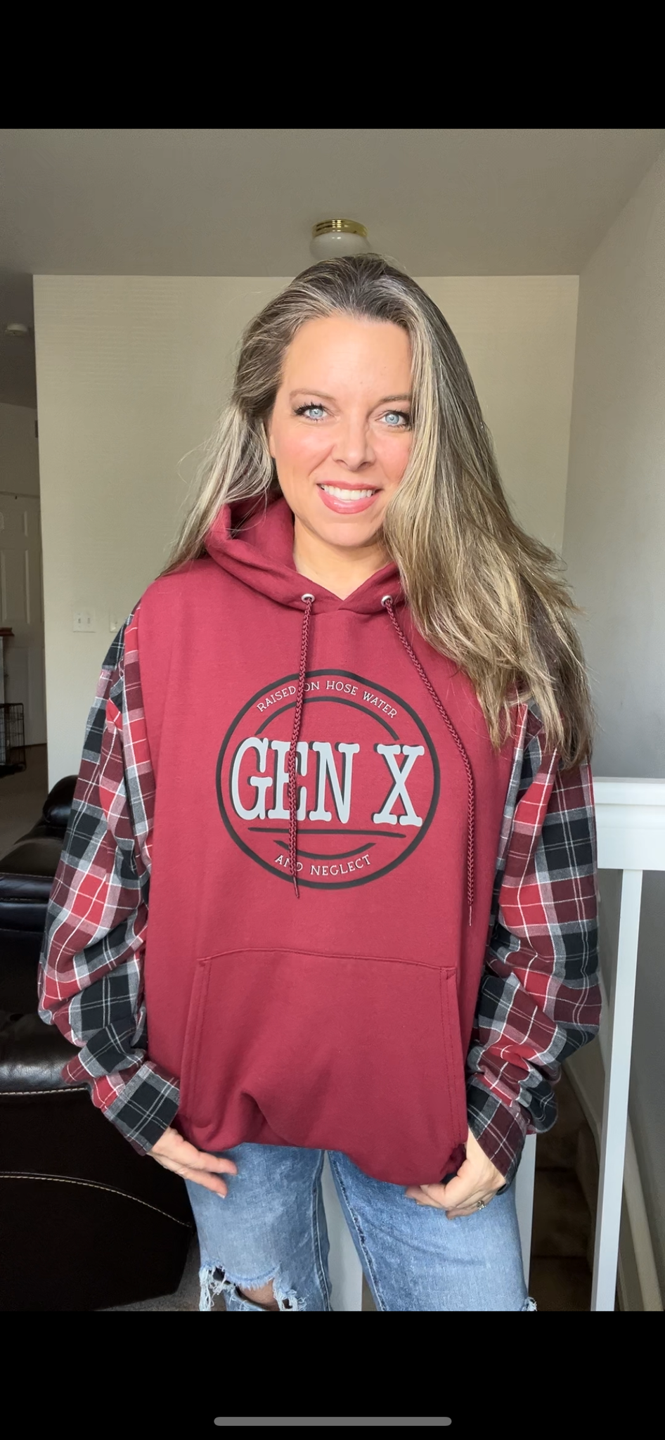 Upcycled Gen X – women’s 2X midweight sweatshirt with flannel sleeves