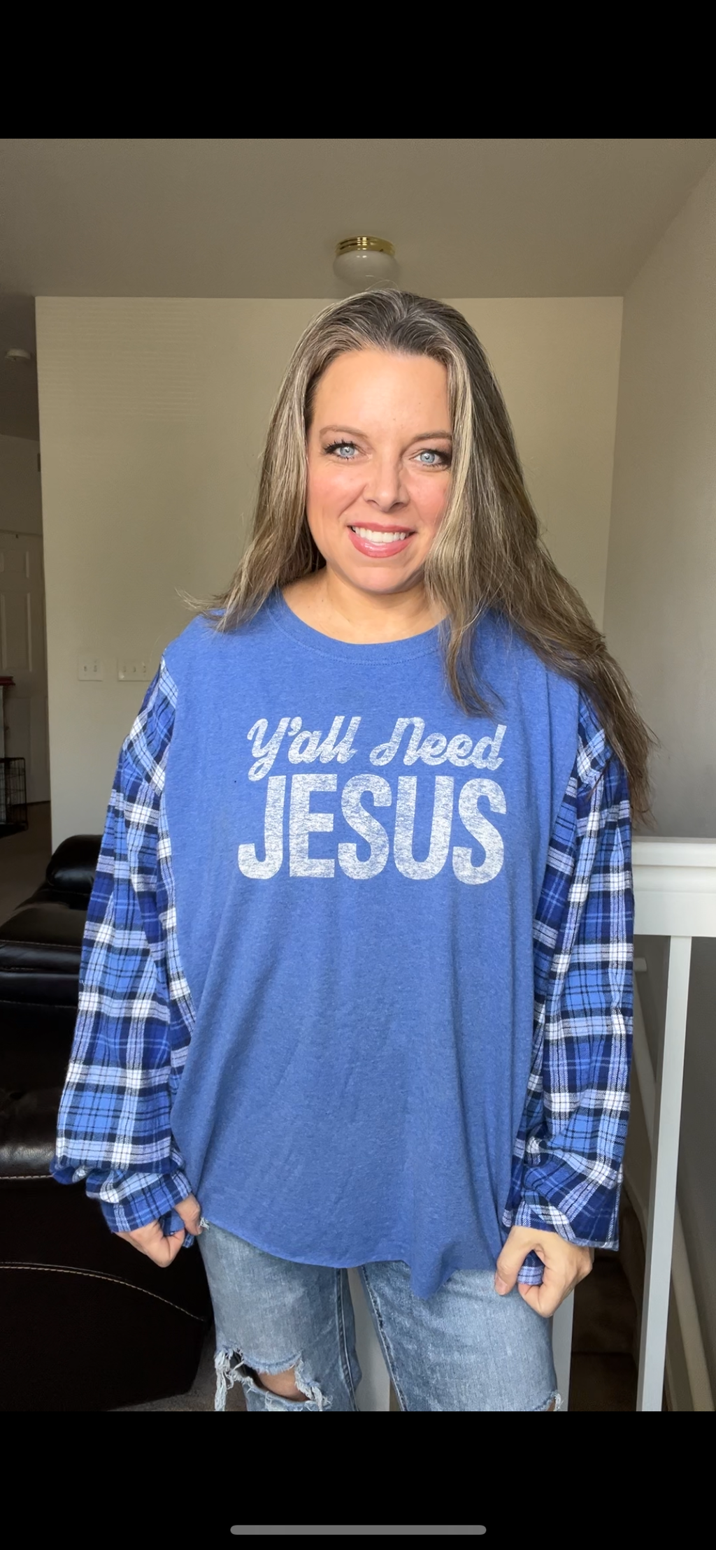 Upcycled Y’all Jesus - Women’s 3X/4X T-shirt with flannel sleeves