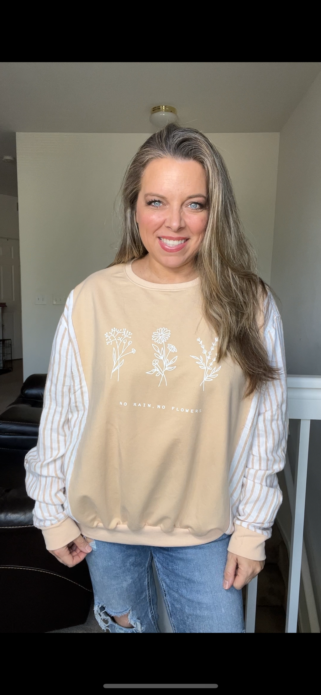 Upcycled No Rain – women’s medium/large French terry sweatshirt with flannel sleeves – sleeves more fitted