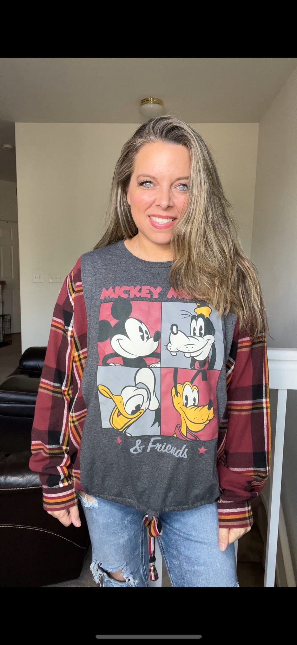 Upcycled Mickey friends – women’s 1X T-shirt with flannel sleeves