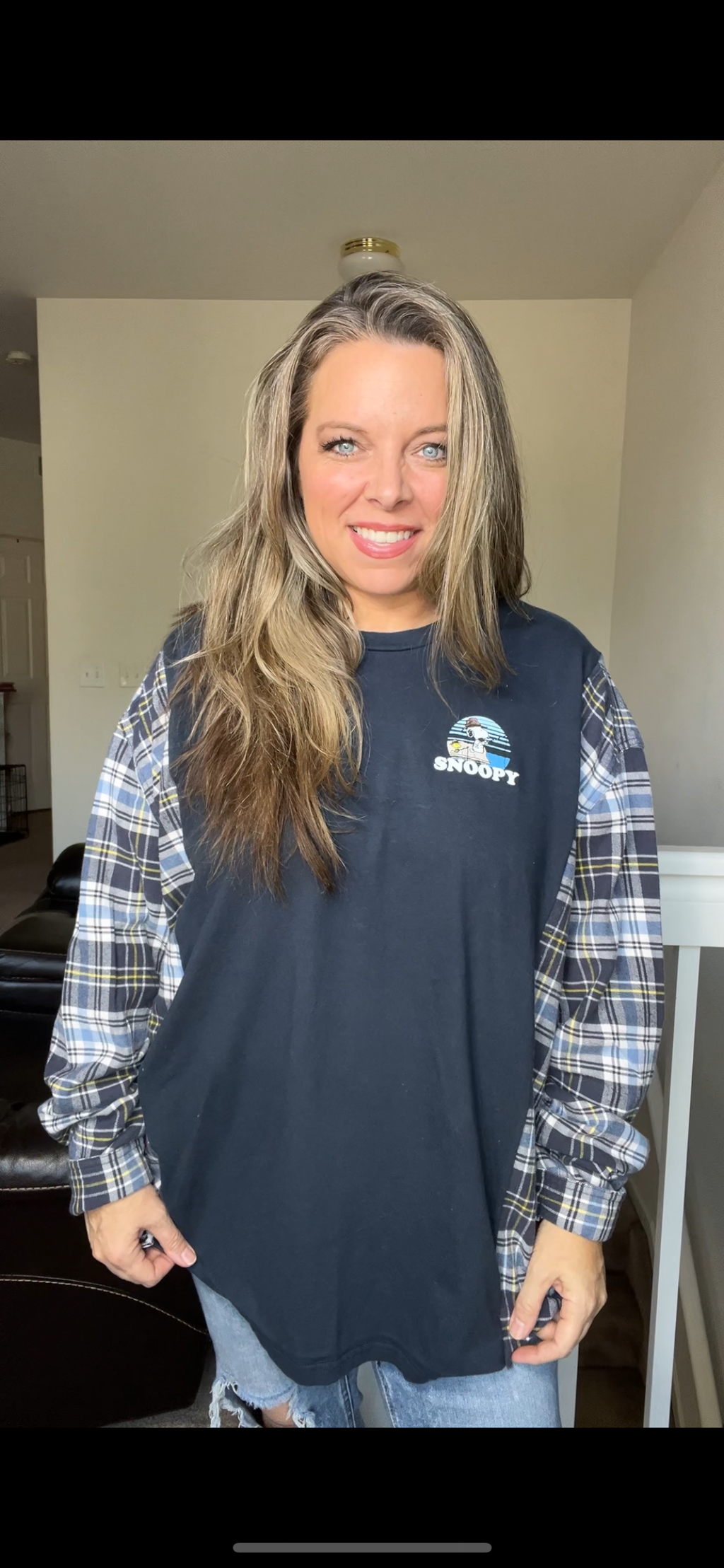 Upcycled Snoopy fishing – women’s 3X T-shirt with flannel sleeves