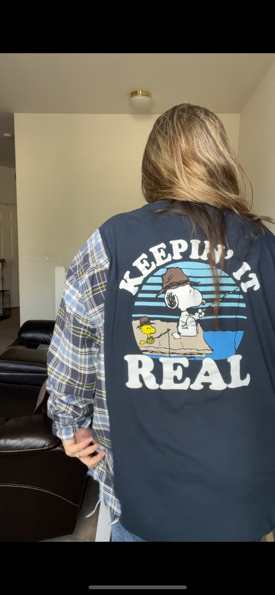 Upcycled Snoopy fishing – women’s 3X T-shirt with flannel sleeves