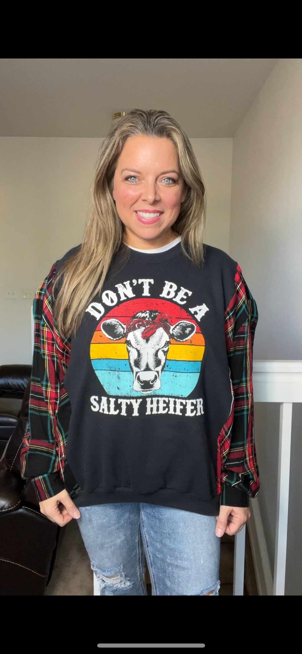 Upcycled Salty – women’s XL/1X – midweight sweatshirt with thin flannel sleeves ￼