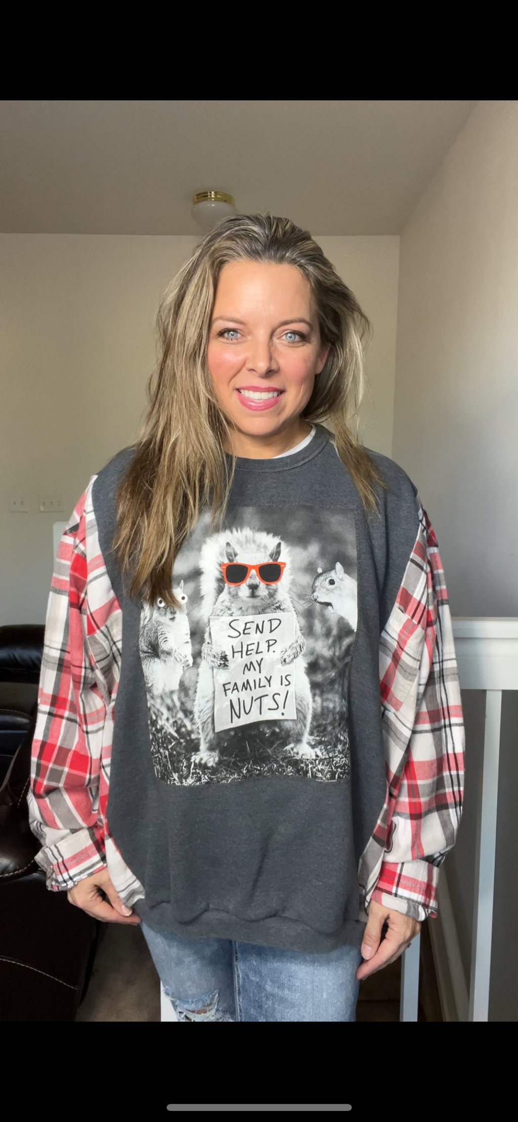 Upcycled Nuts – women’s 2X/3X – midweight sweatshirt with flannel sleeves ￼