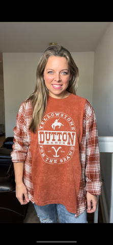 Upcycled Dutton - women’s XL/1X – thin Tshirt with flannel sleeves ￼