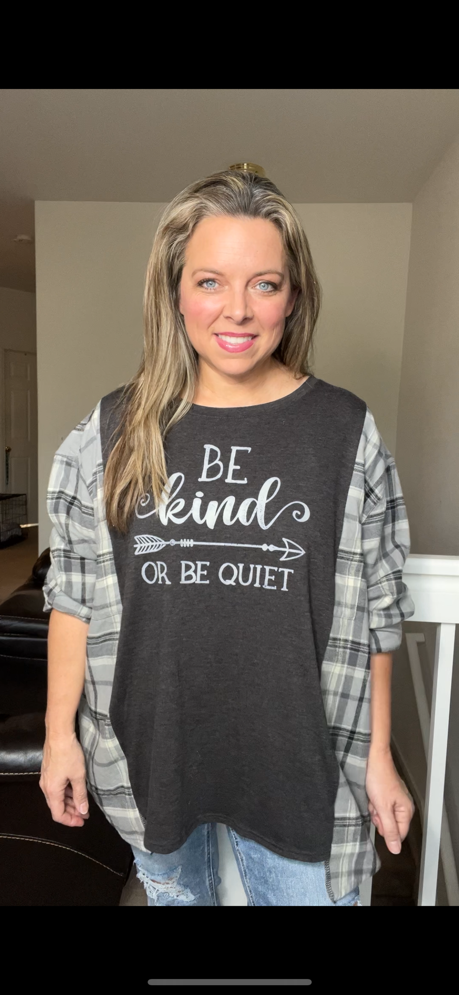 Upcycled Be Kind Tshirt - women’s 2X - Tshirt with flannel sleeves - can be made smaller