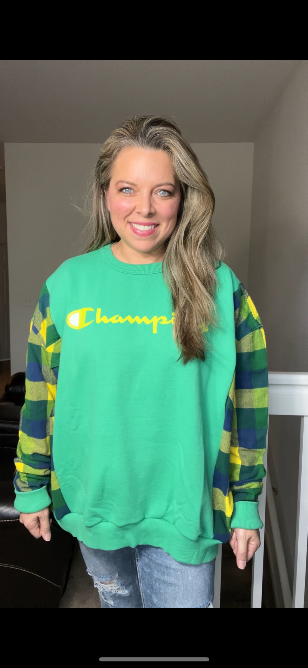 Upcycled Champion Green - women’s XL/1X – midweight sweatshirt with flannel sleeves