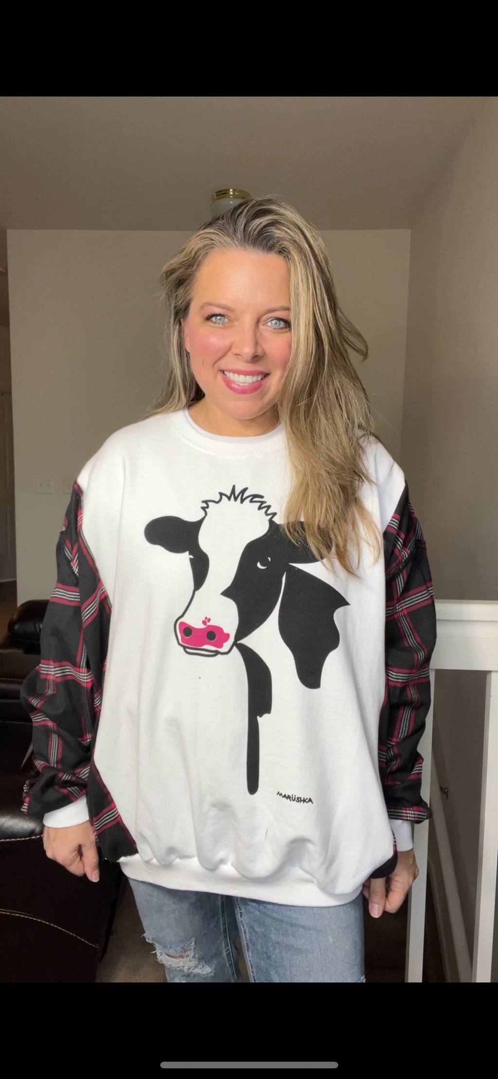 Upcycled Cow - women’s 1X/2X – midweight sweatshirt with flannel sleeves ￼