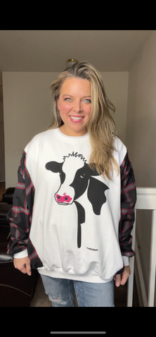 Upcycled Cow - women’s 1X/2X – midweight sweatshirt with flannel sleeves ￼