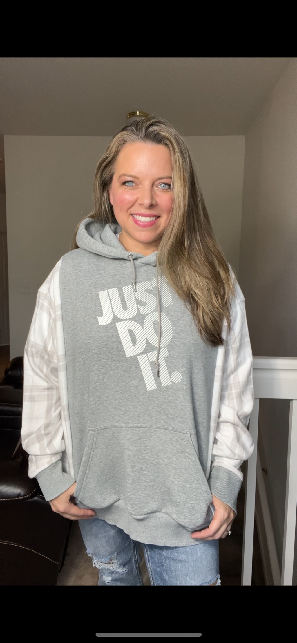 Upcycled Just Do It - women’s 1X – midweight sweatshirt with flannel sleeves ￼