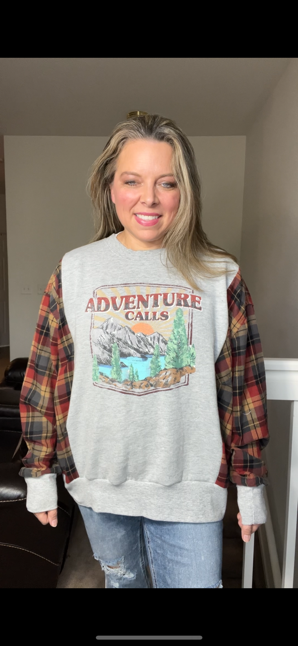 Upcycled Adventure - woman’s large - midweight sweatshirt with flannel sleeves