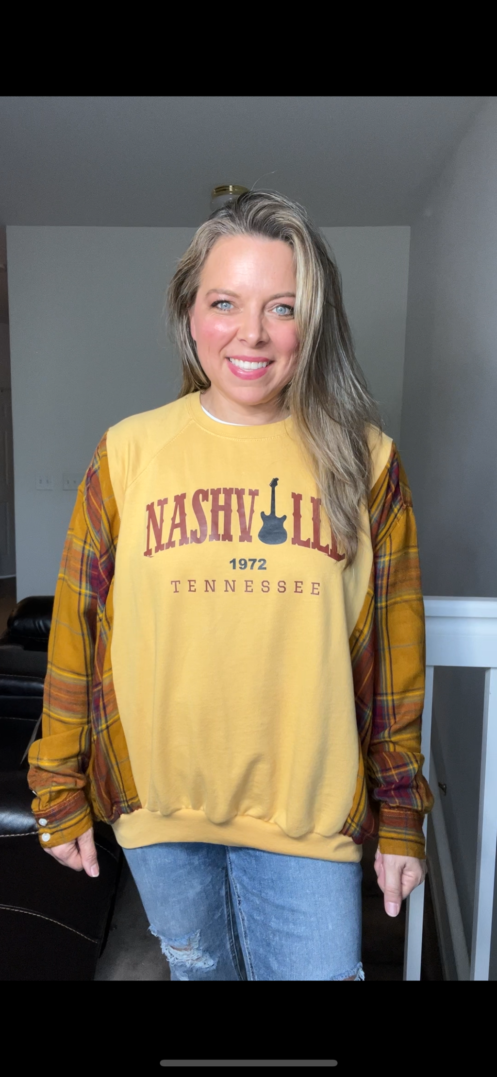 Upcycled Nashville - woman’s large/XL- french terry sweatshirt with thin cotton sleeves