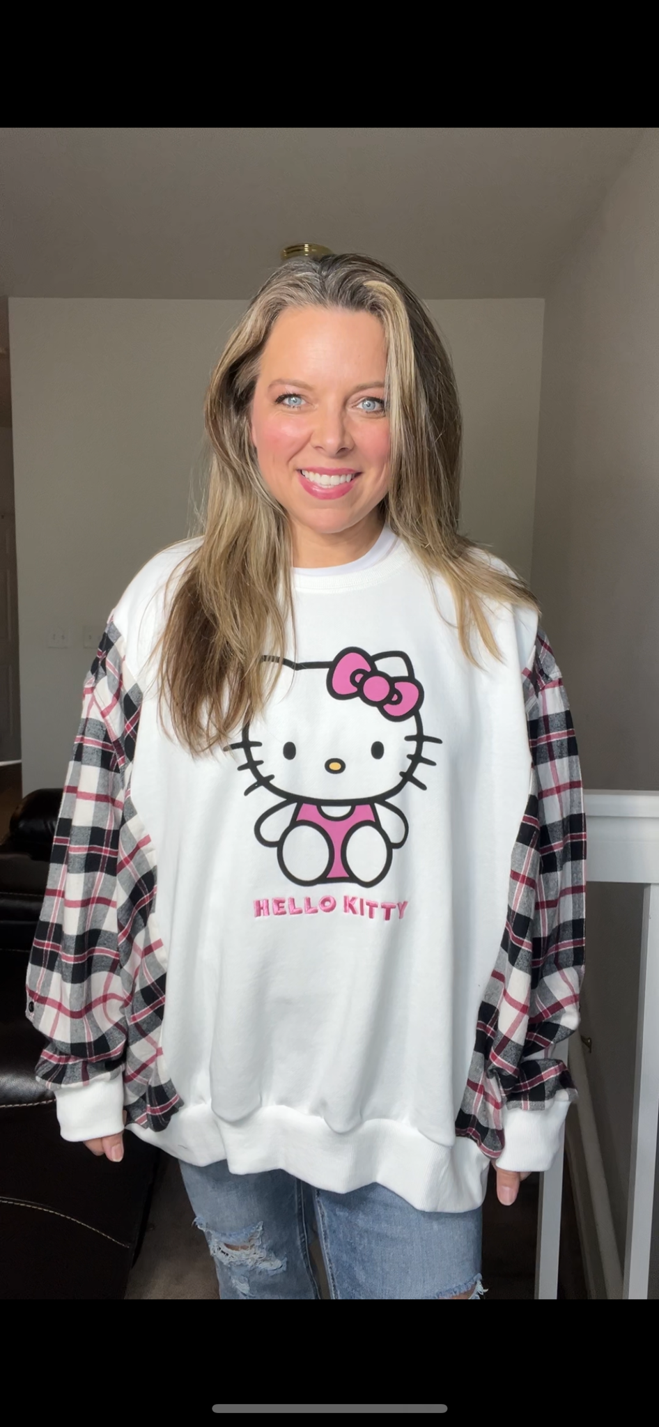 Upcycled Hello Kitty - woman’s 2X/3X  - midweight sweatshirt with flannel sleeves