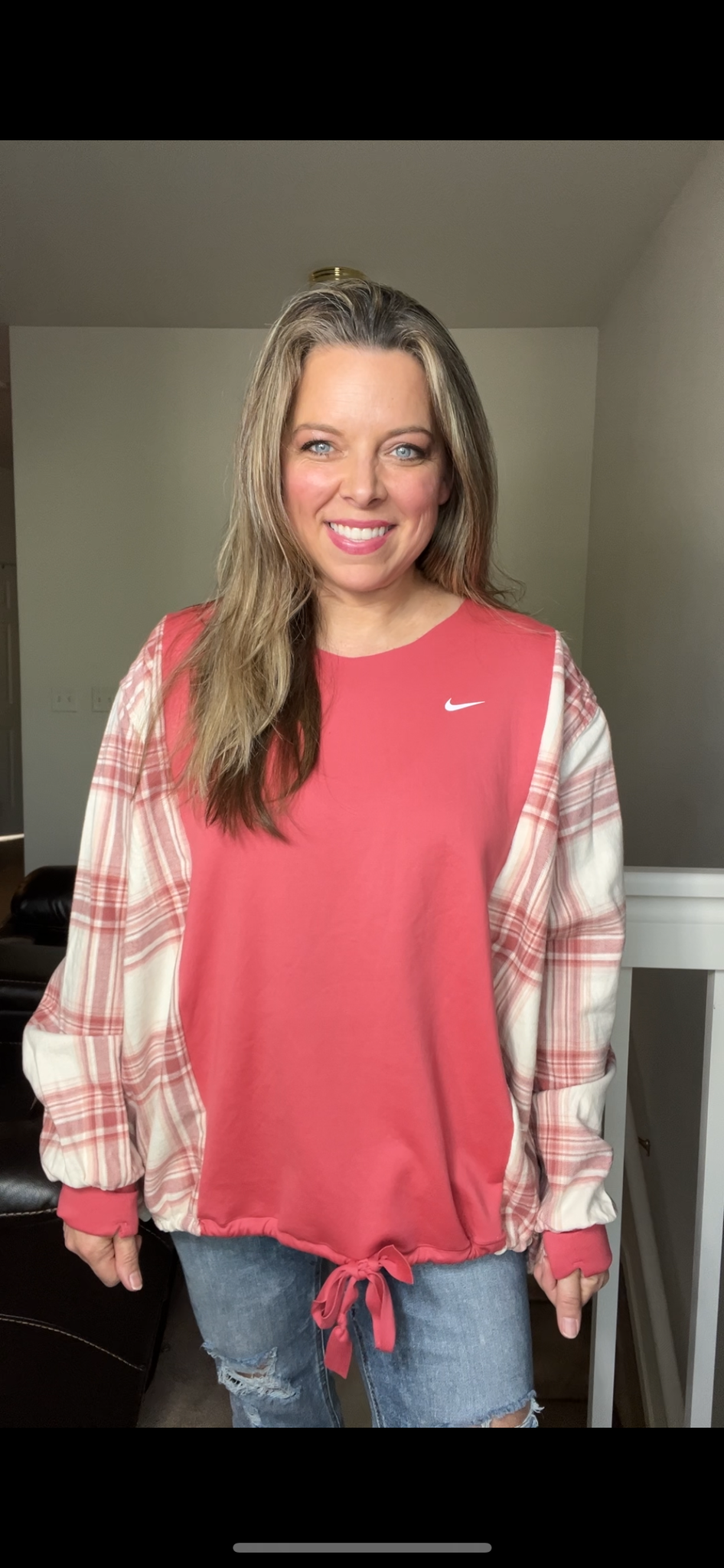 Upcycled Pink Nike - women’s XL/1X – stretch jersey sweatshirt with flannel sleeves ￼