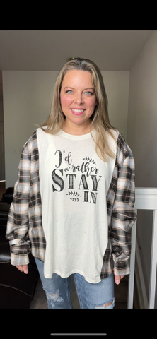 Upcycled Stay In - women’s 1X – thin T-shirt with flannel sleeves ￼