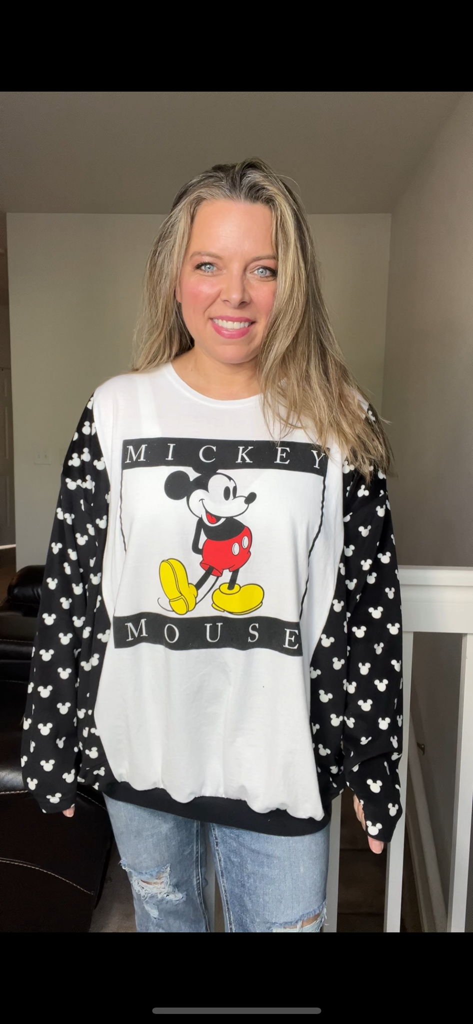 Upcycled Mickey - woman’s 1X/2X - thin tshirt with stretch fleece sleeves