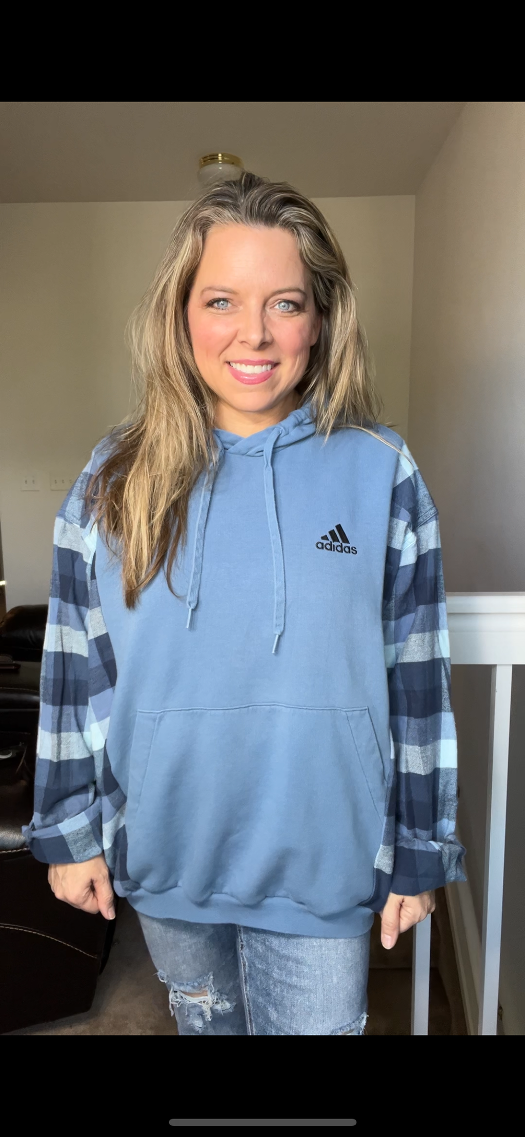 Upcycled Blue Adidas – women’s 1X – midweight sweatshirt with flannel sleeves￼