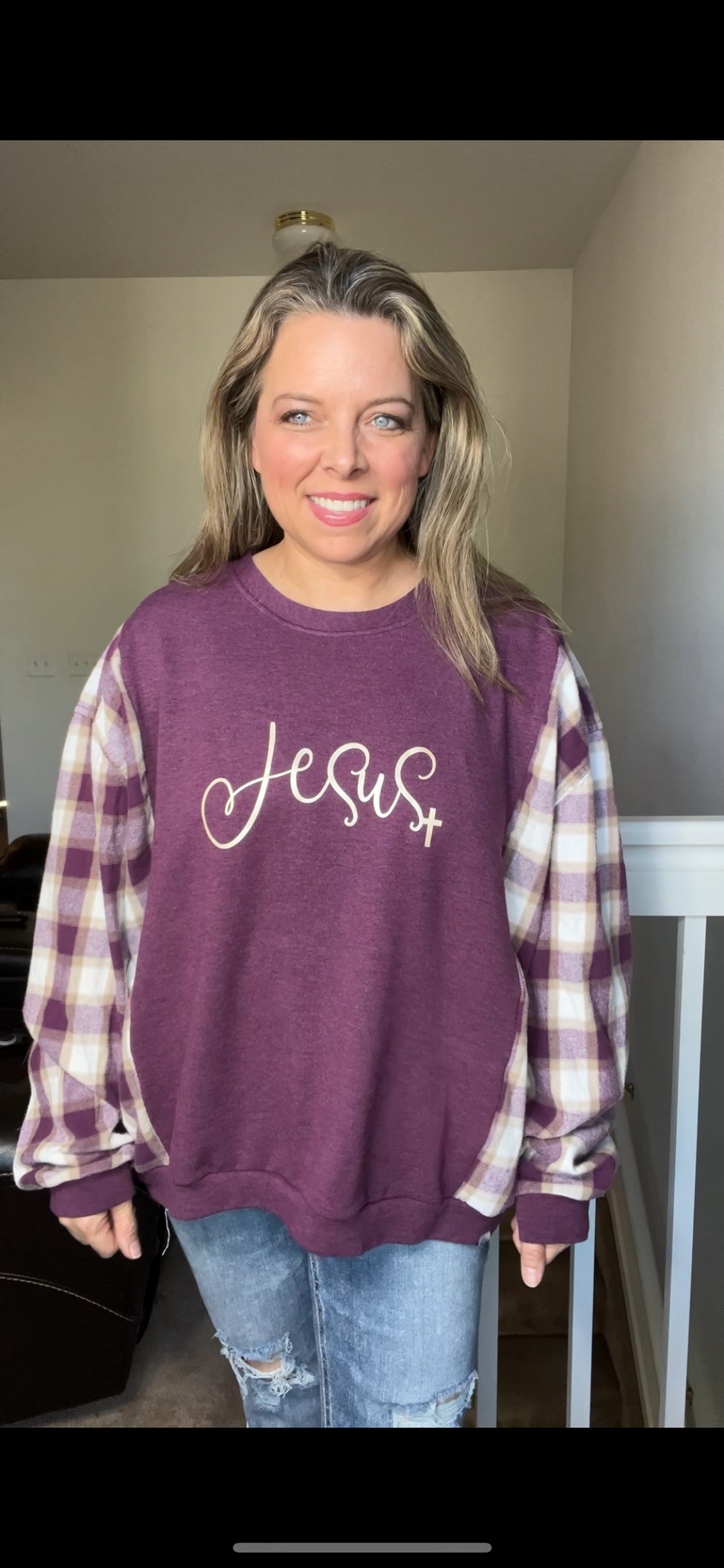 Upcycled Jesus purple – women’s XL/1X – midweight sweatshirt with flannel sleeves