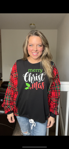 Upcycled CHRISTmas – women’s XL/1X – T-shirt with flannel sleeves