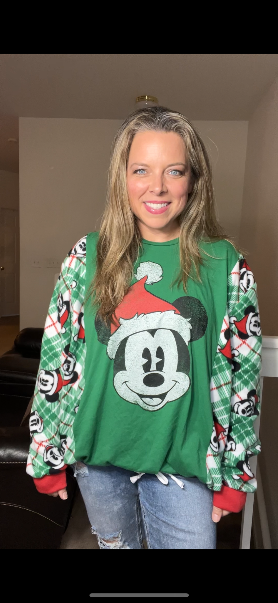 Upcycled Mickey Mouse – women’s 1X - thin T-shirt with stretch fleece sleeves￼