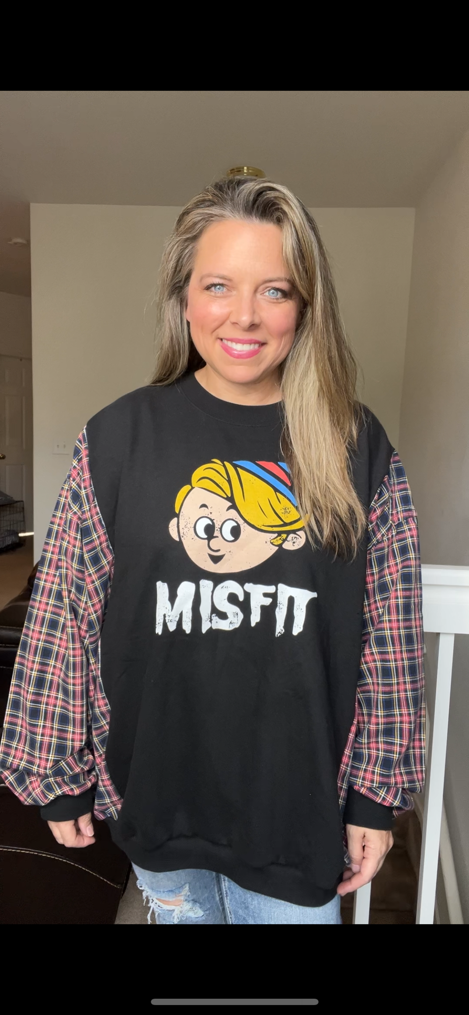 Upcycled Misfits - women’s 2X – midweight sweatshirt with flannel sleeves￼