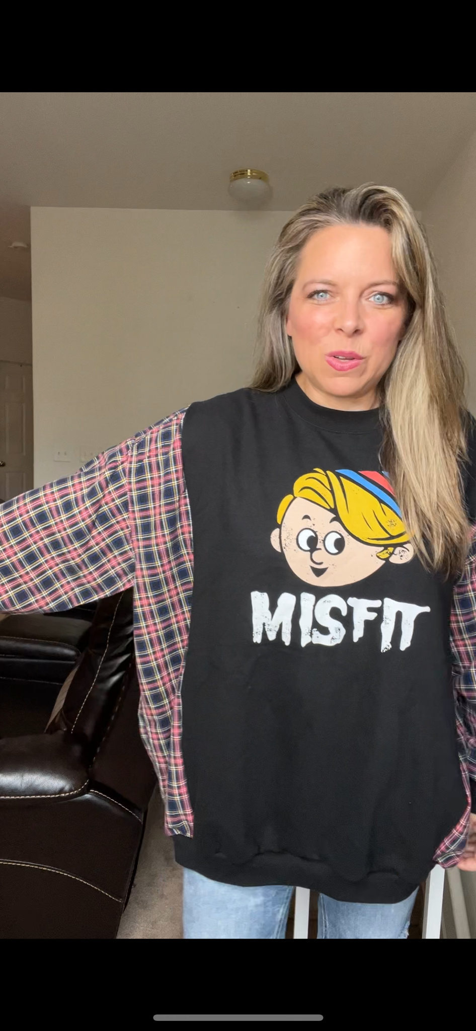 Upcycled Misfits - women’s 2X – midweight sweatshirt with flannel sleeves￼