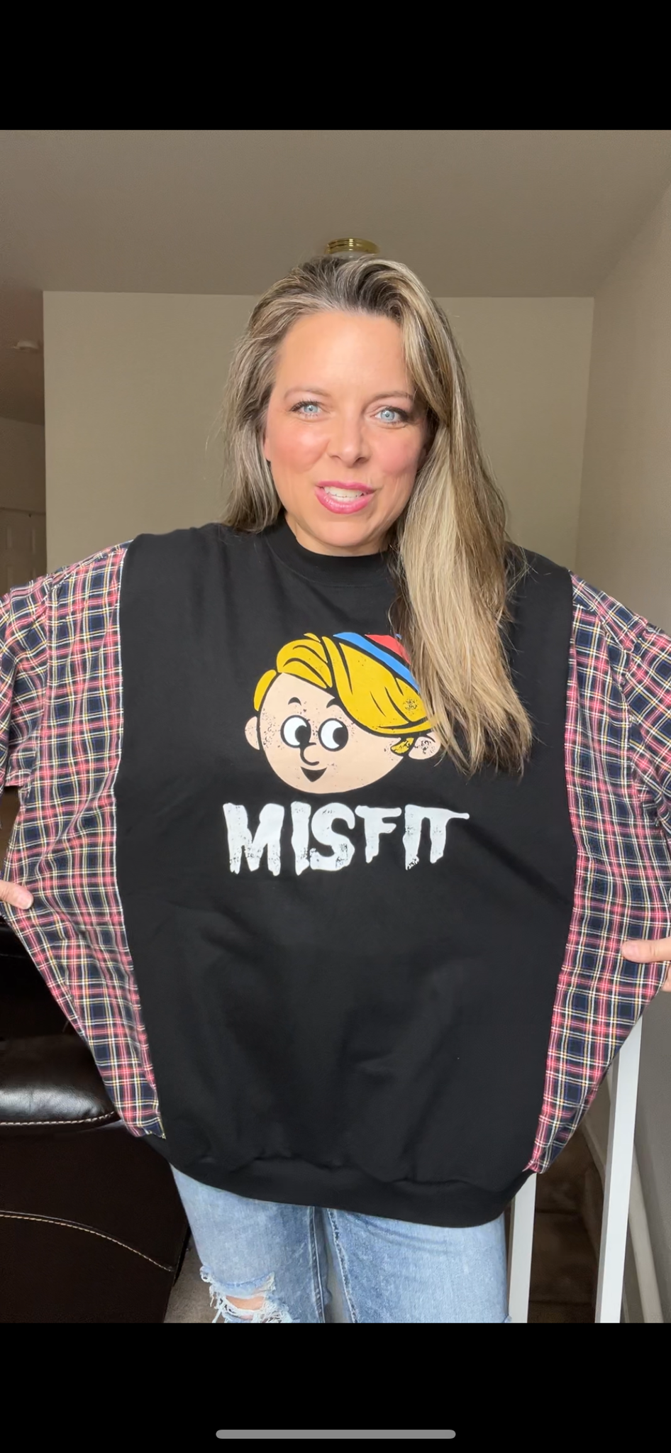 Upcycled Misfits - women’s 2X – midweight sweatshirt with flannel sleeves￼