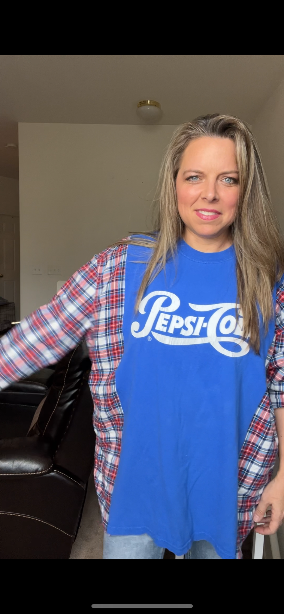 Upcycled Pepsi – women’s 2X – Tshirt with flannel sleeves – graphic is distressed￼