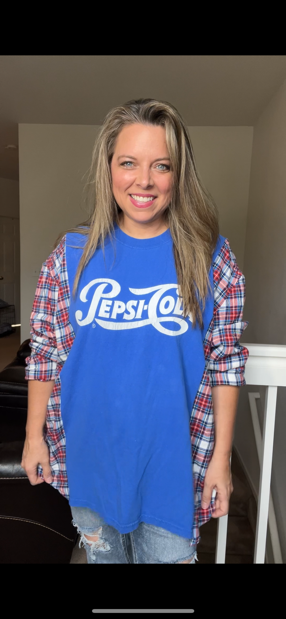 Upcycled Pepsi – women’s 2X – Tshirt with flannel sleeves – graphic is distressed￼