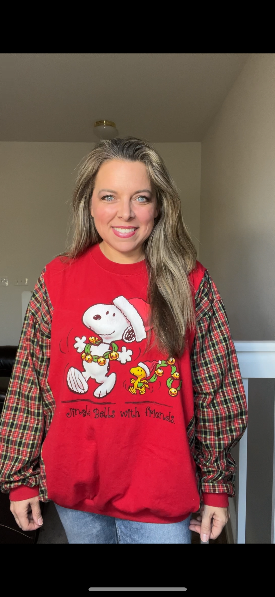 Upcycled Snoopy Jingle - Women’s 1X T-shirt with cotton sleeves￼