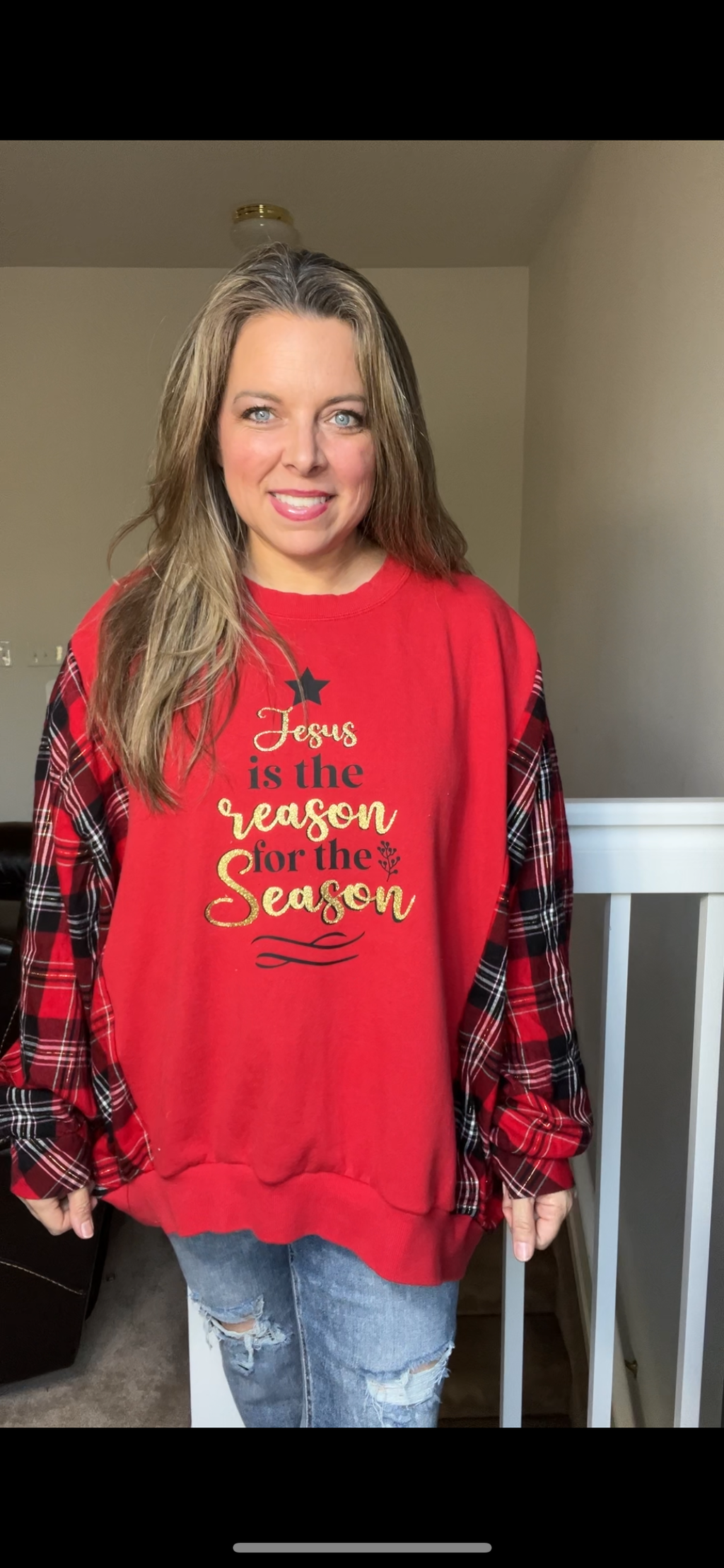 Upcycled Jesus – women’s 1X – midweight sweatshirt with flannel sleeves￼