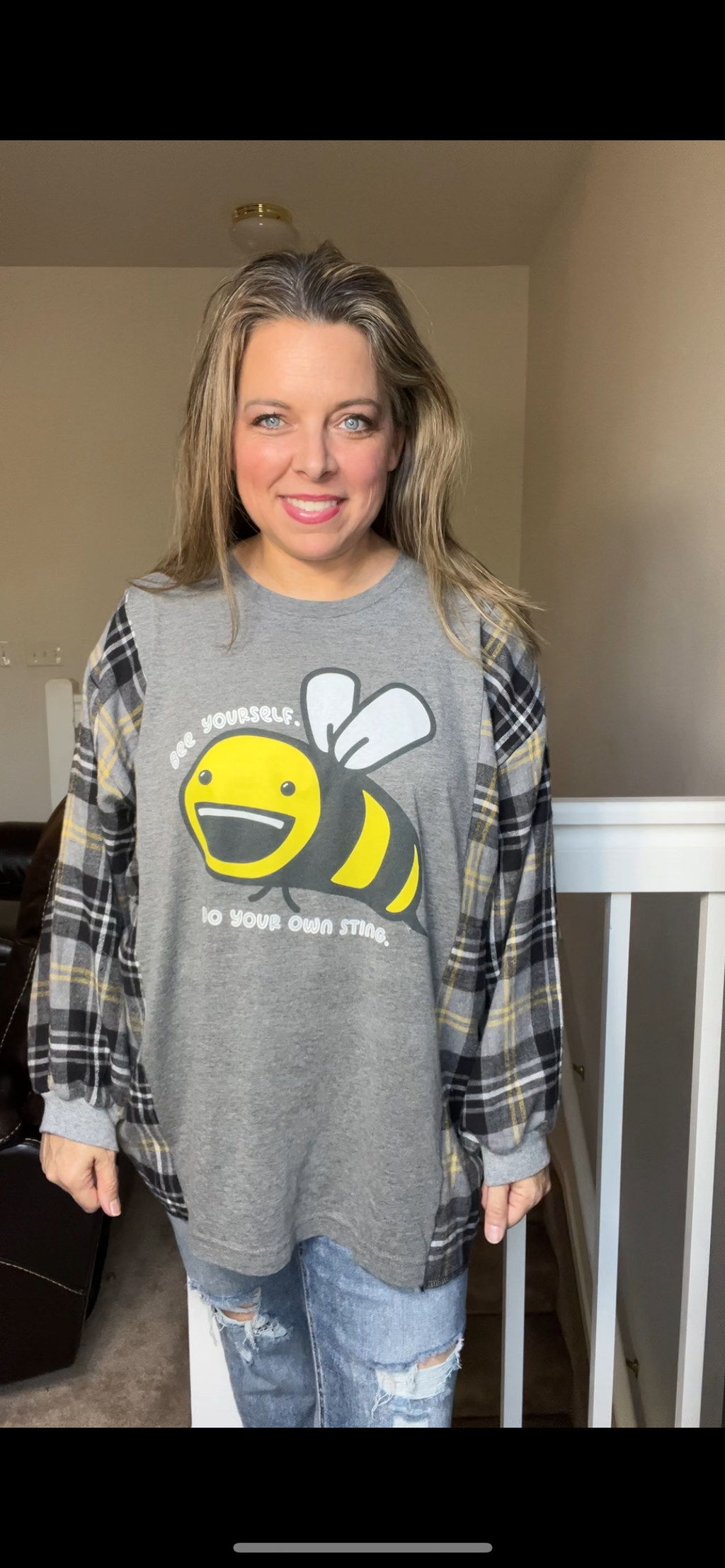 Upcycled Bee Yourself – women’s 1X – then you shirt with flannel sleeves￼