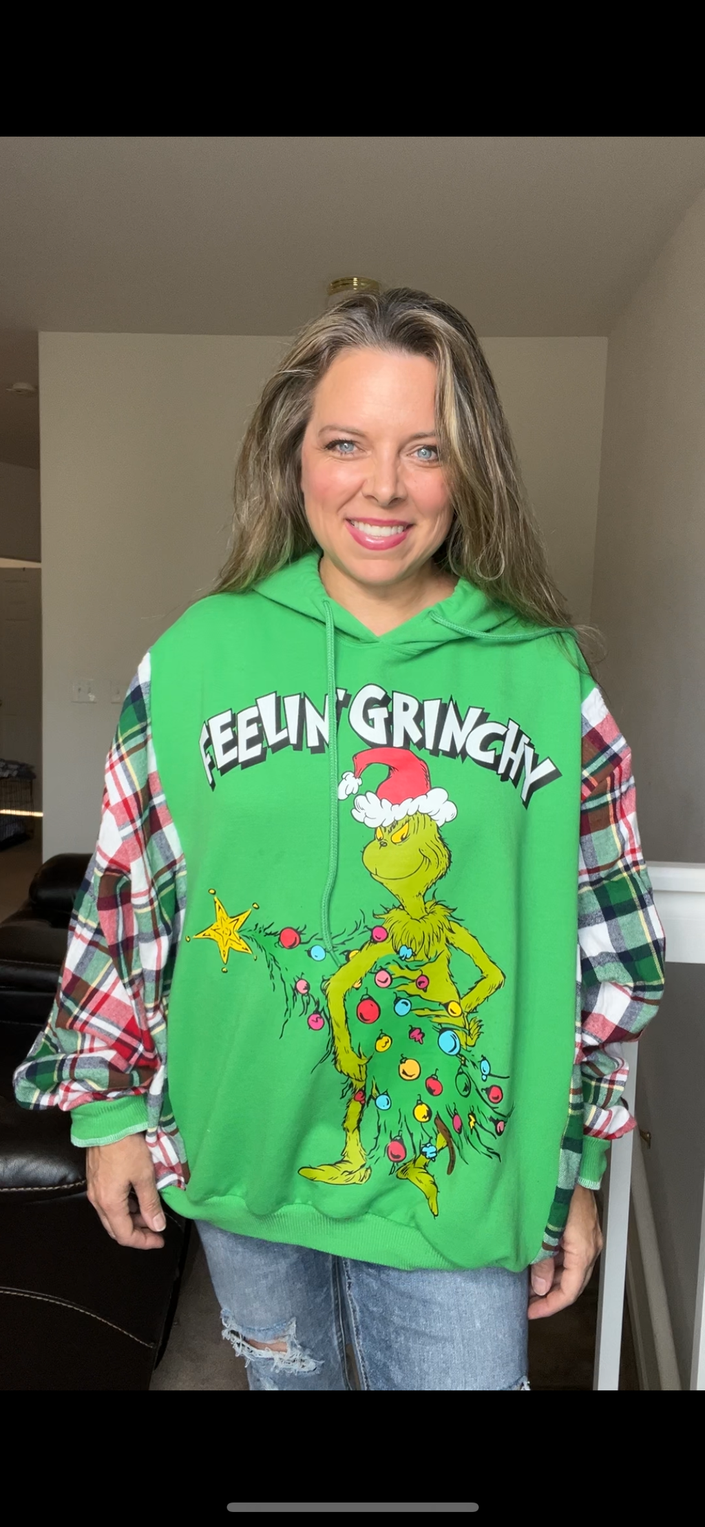 Upcycled Grinch￼y - Women’s 1X/2X – midweight sweatshirt with flannel sleeves￼