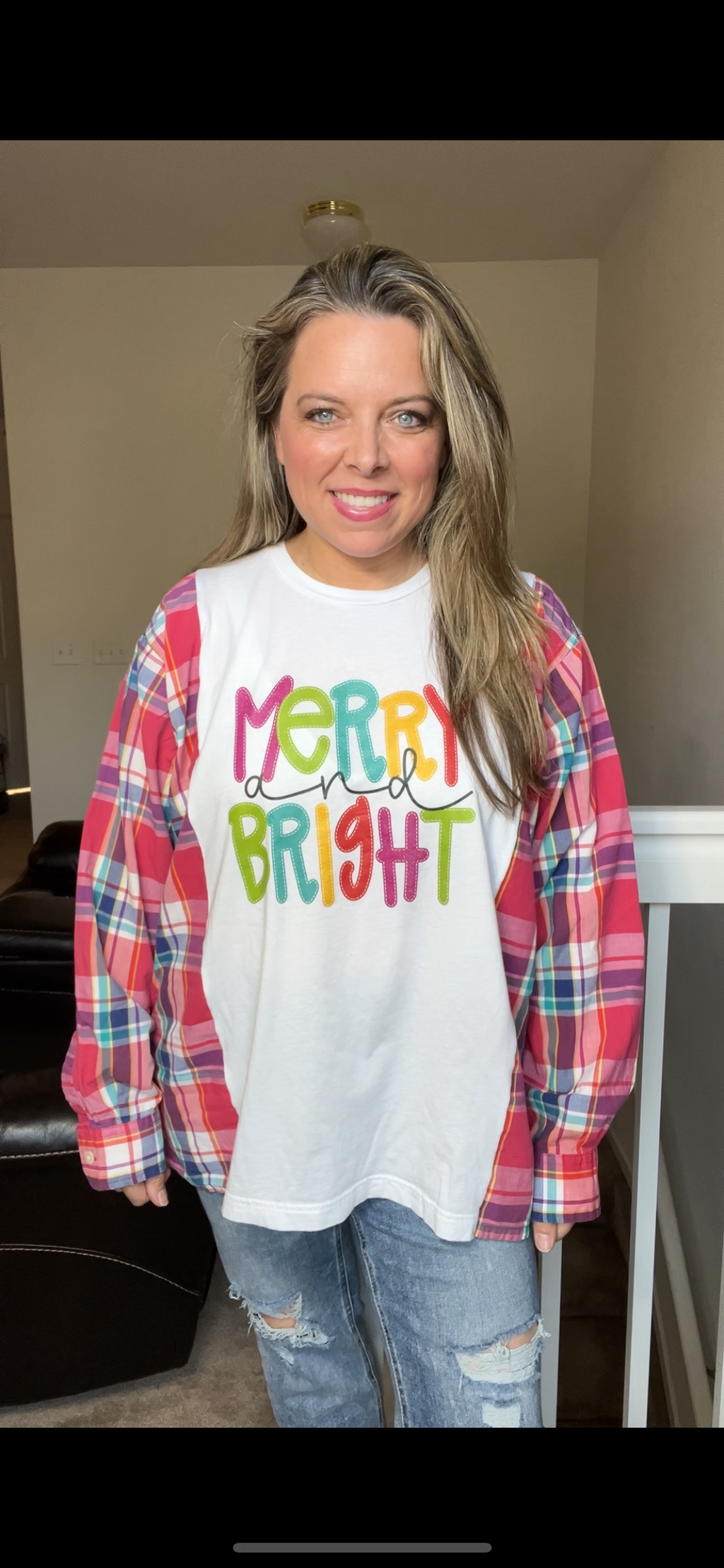 Upcycled Merry and Bright – women’s XL – thin T-shirt, with cotton dress sleeves￼