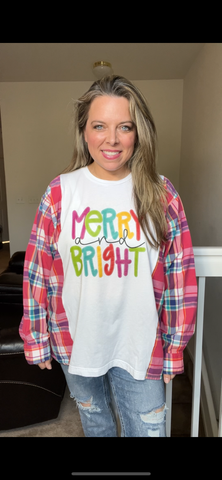 Upcycled Merry and Bright – women’s XL – thin T-shirt, with cotton dress sleeves￼