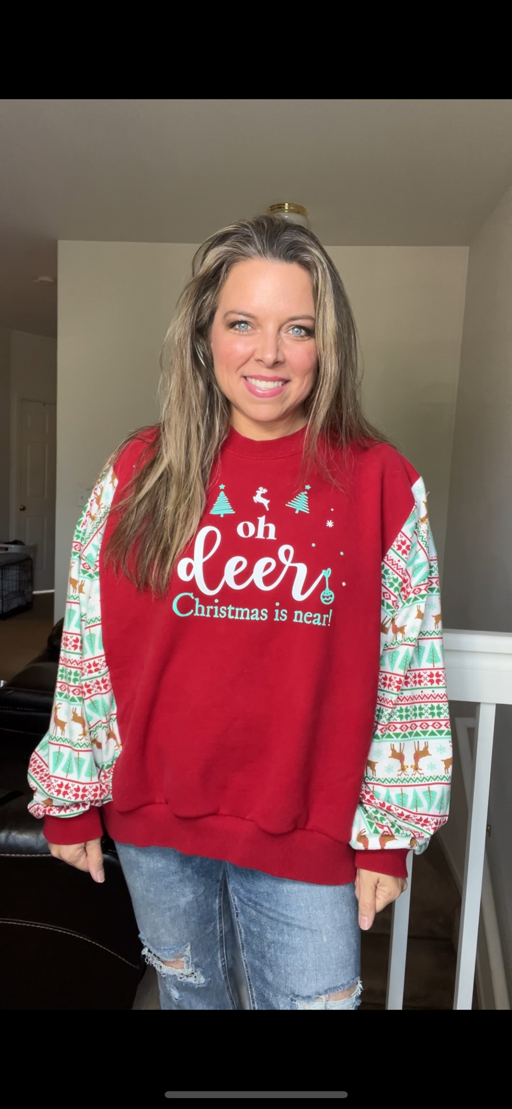 Upcycled Oh Deer – women’s XL – midweight sweatshirt with stretch jersey sleeves￼