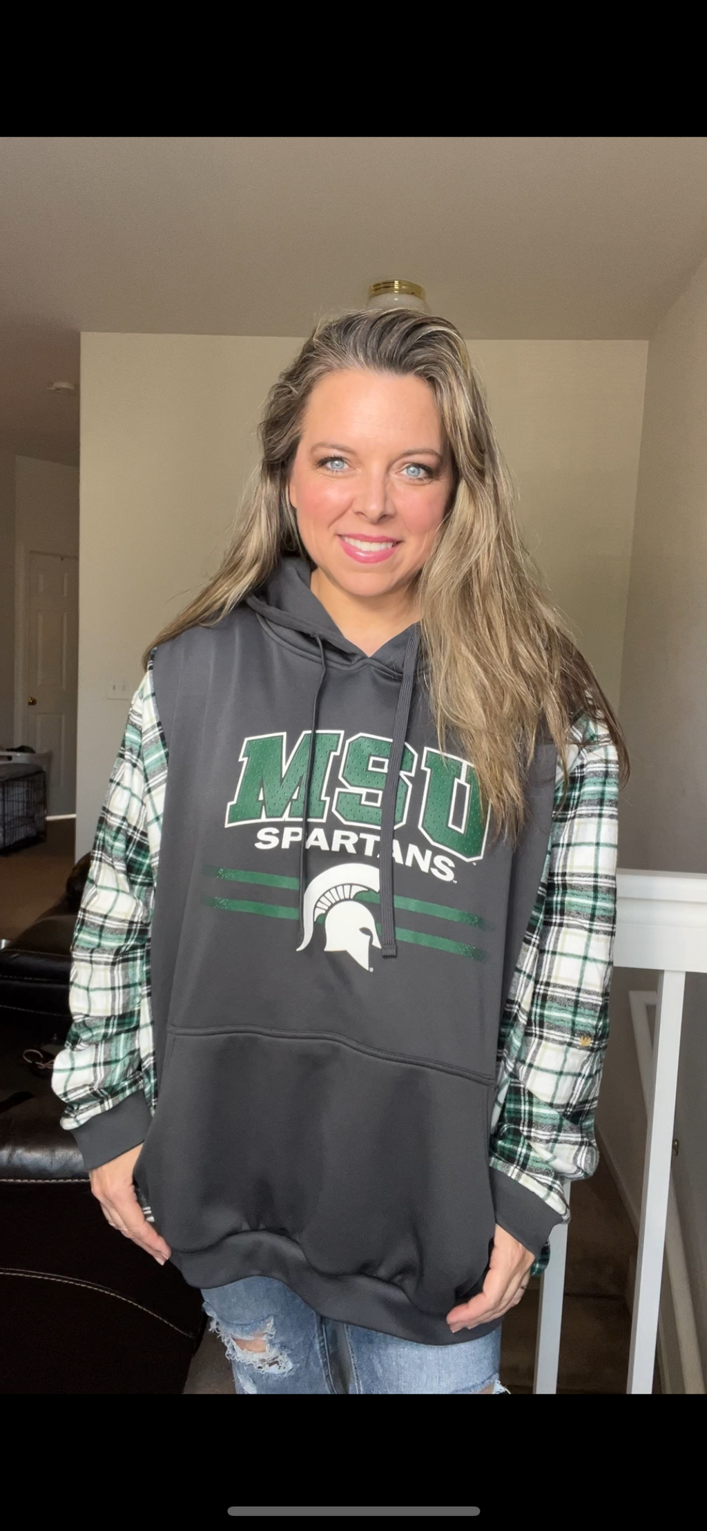 Upcycled MSU - women’s 2X/3X – midweight sweatshirt with flannel sleeps￼