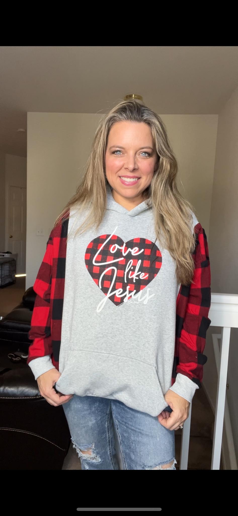 Upcycled Jesus – women’s medium – midweight sweatshirt with flannel sleeves￼